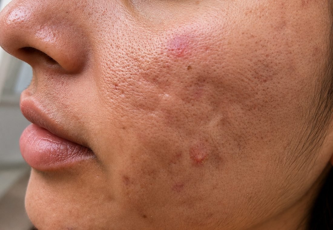Close-up of acne scars and skin texture on cheek treated at Dr. Vineet Verma skin clinic Hisar