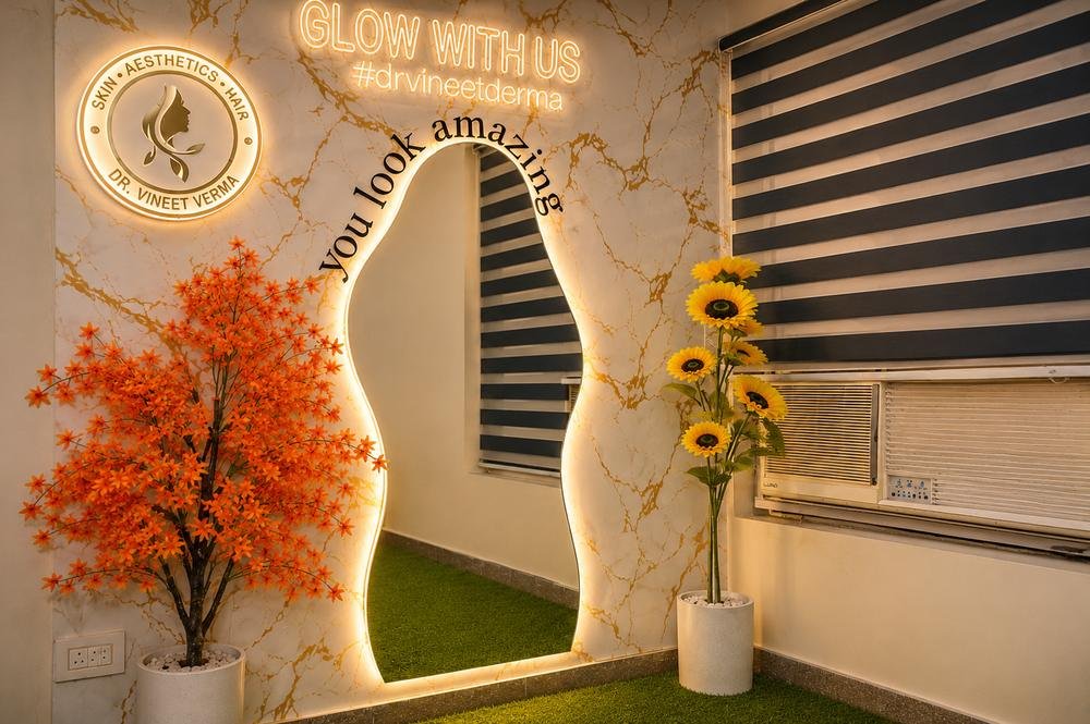 Glow with us selfie mirror and clinic branding at Dr. Vineet Verma Skin Hair & Laser Hospital Hisar