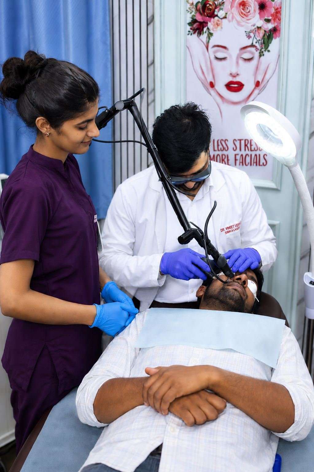 Dr. Vineet Verma performing laser treatment on patient at skin clinic Hisar Haryana