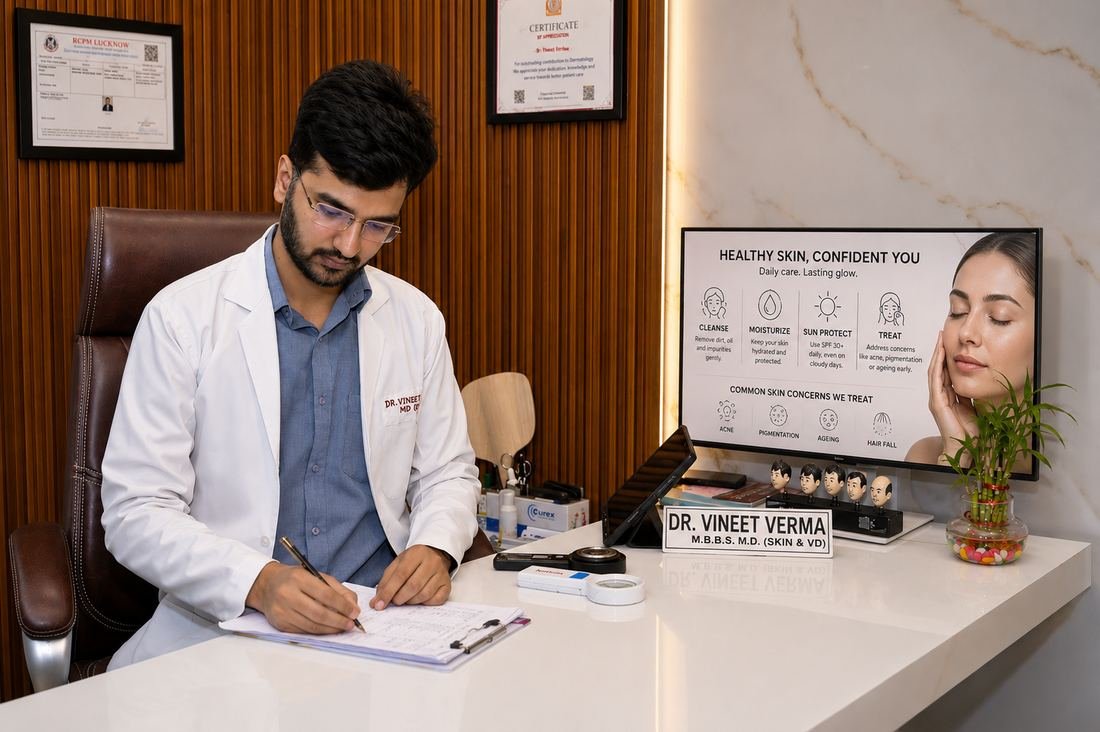 Dr. Vineet Verma MD Dermatologist at his consultation desk in Hisar with certificates and skin care display