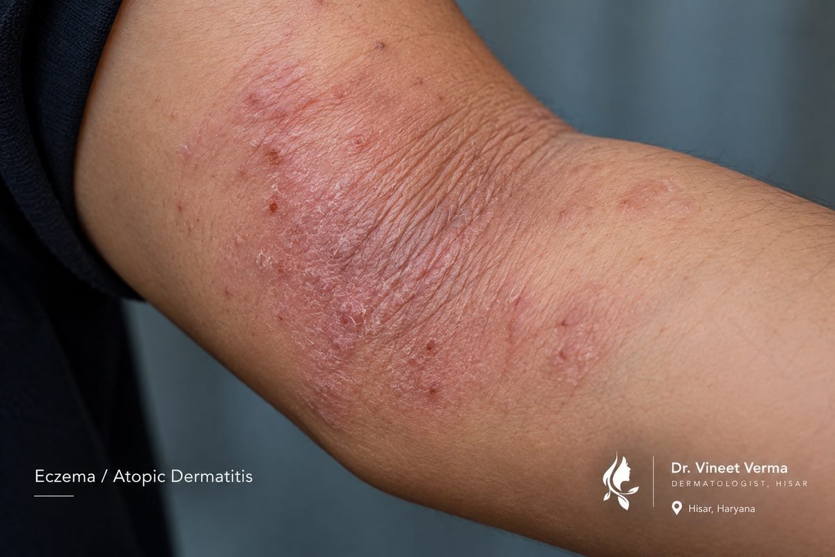 Eczema atopic dermatitis on elbow arm treated at Dr. Vineet Verma skin clinic Hisar Haryana