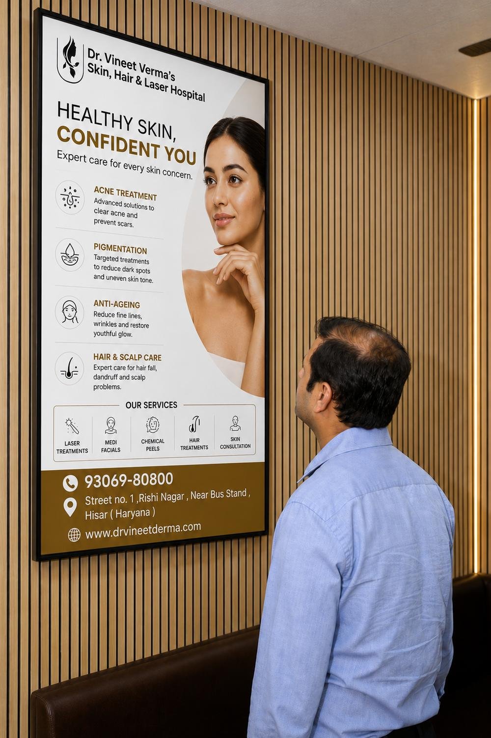 Patient at Dr. Vineet Verma clinic reading healthy skin care information display Hisar