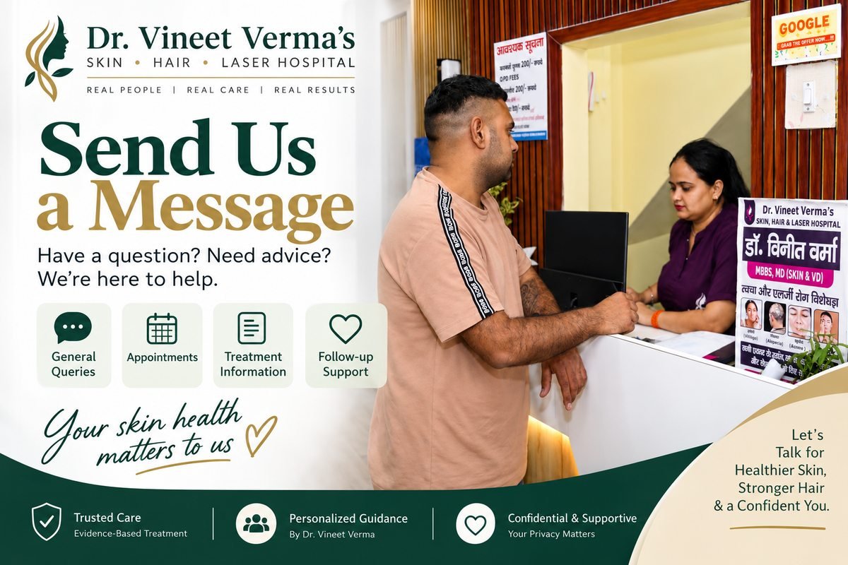 Send us a message — Dr. Vineet Verma Skin Hair & Laser Hospital Hisar patient check-in reception