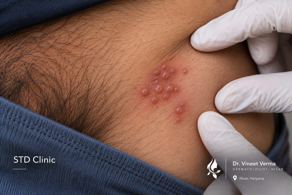 STD clinic confidential skin lesion examination at Dr. Vineet Verma venereologist Hisar Haryana