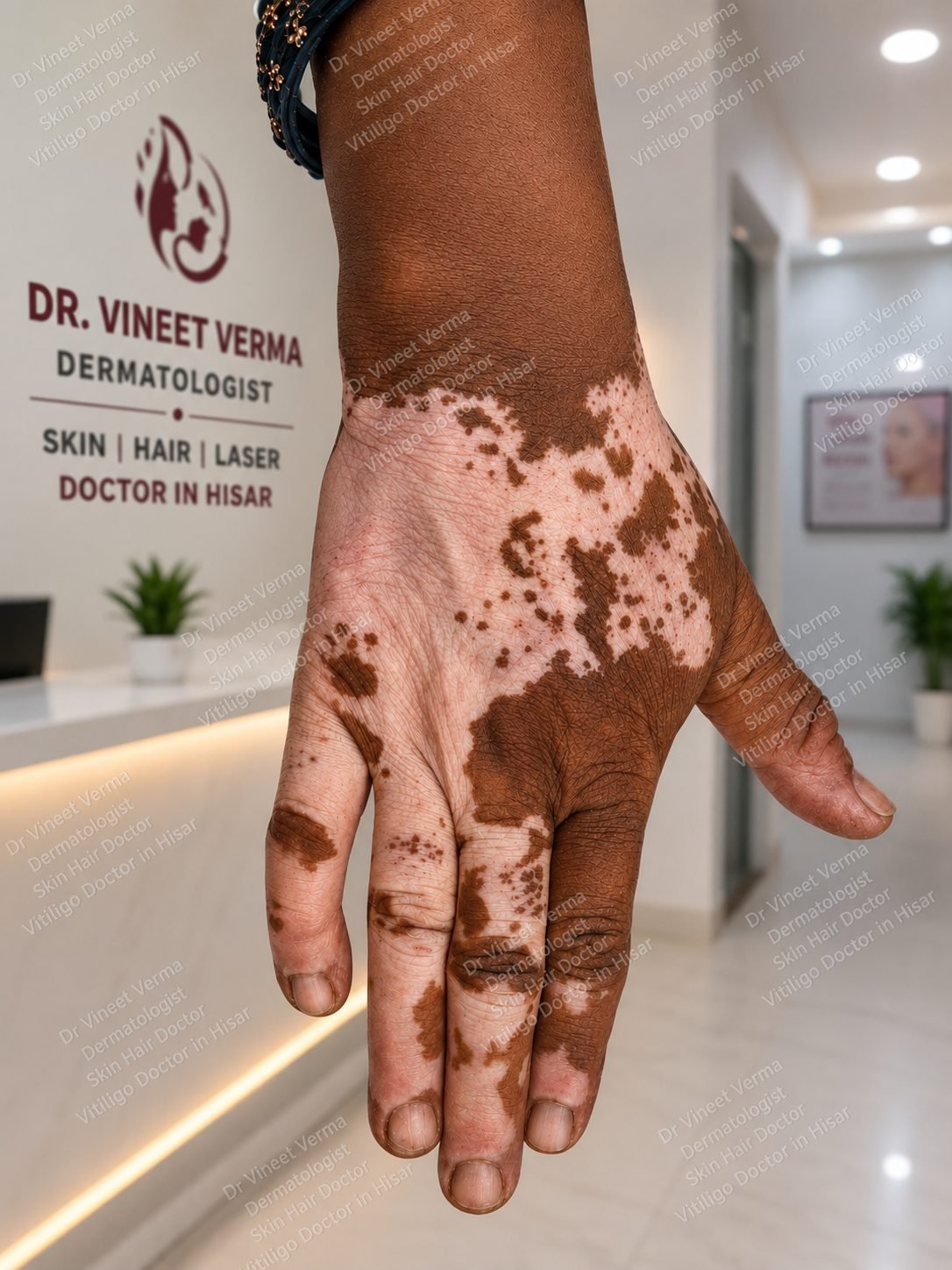 Vitiligo white patches on hand shown at Dr. Vineet Verma Dermatologist Skin Hair Laser Doctor in Hisar Haryana